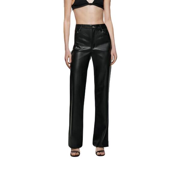 NWT ZARA Pants Women 6 Black Faux Leather Straight-Leg Stretch 5-Pocket Zip - Picture 1 of 11